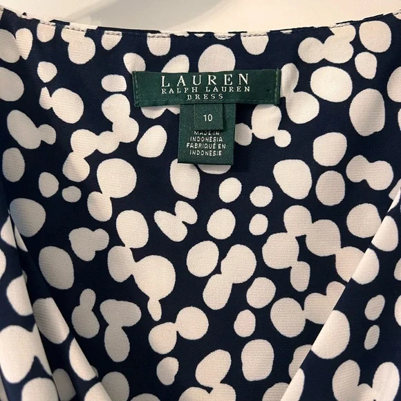 Lauren Ralph Lauren Navy Blue White Mod Spotted Capped Sleeve - Picture 2 of 7